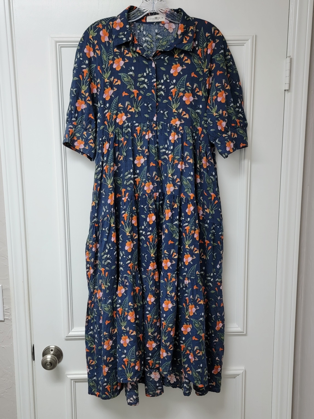 Natural Life Rebecca Tiered Midi Boho Peasant Dress Navy Floral Print Pockets XS